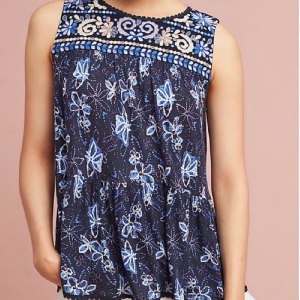 One‎ September Anthropologie Blue Floral Butterfly Embroidered Tiered Top XS